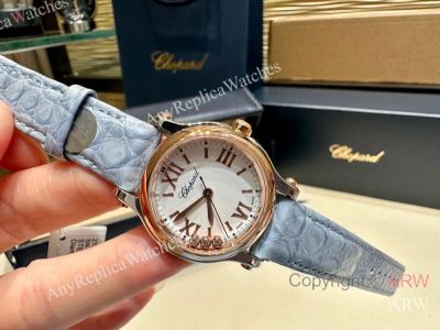 High Quality Replica CHOPARD HAPPY DIAMONDS Light Blue Alligator Leather Strap White Face Dial Gold Case Watch 30mm